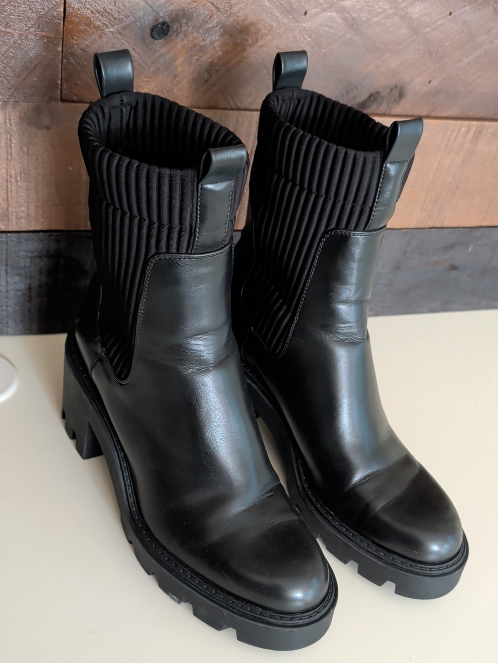 Zara Black Platform Sock Ribbed Slip On Boots 39 (8)